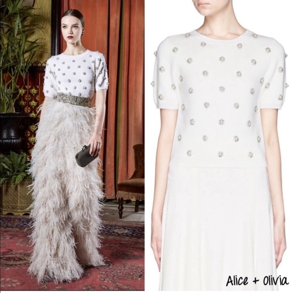 Alice + Olivia cream white “Bay” pearl/rhinestone cropped shortsleeve sweater XS - Picture 3 of 7